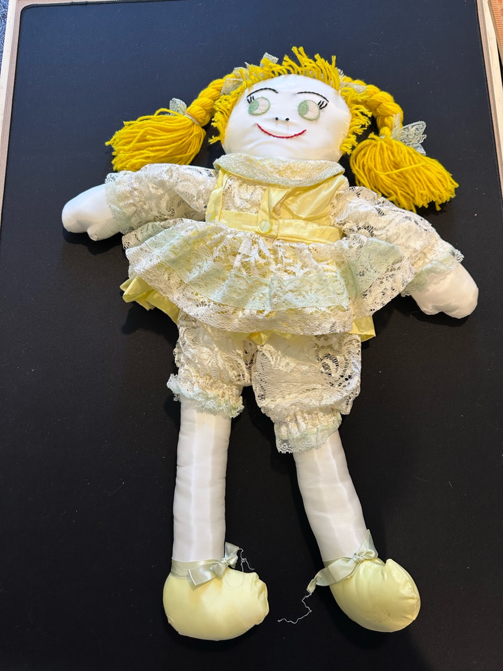 VTG FOLK ART Handmade Rag Doll 25” Sewn Stuffed YELLOW Yarn Hair Lace Dress